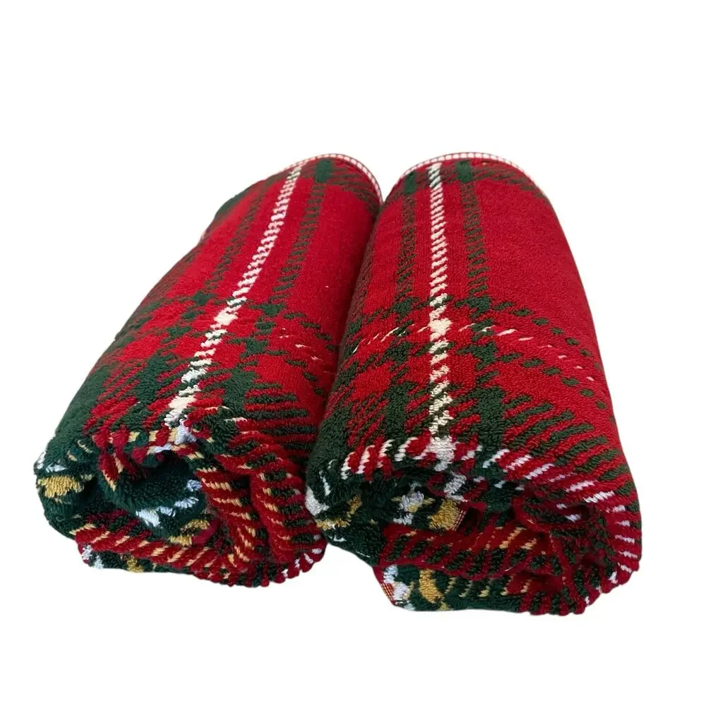 4pc Caro Home Holiday RED TARTAN Cotton 2 Bath 2 Hand Towel Set Christmas NEW